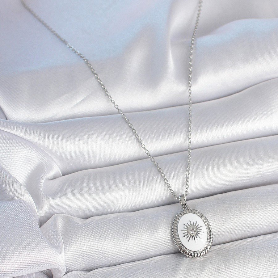 316L Steel Silver Color White Enamel Sun Embroidered Evil Eye Bead Detail Medallion Model Women s Necklace