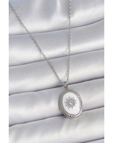 316L Steel Silver Color White Enamel Sun Embroidered Evil Eye Bead Detail Medallion Model Women's Necklace