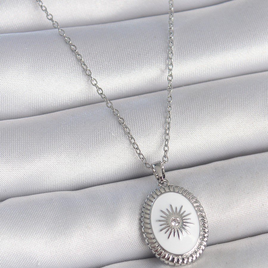 316L Steel Silver Color White Enamel Sun Embroidered Evil Eye Bead Detail Medallion Model Women s Necklace