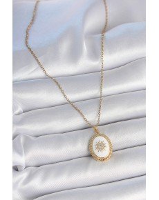 316L Steel Gold Color Chain White Enameled Sun Embroidered Zircon Stone Detailed Medallion Model Women's Necklace