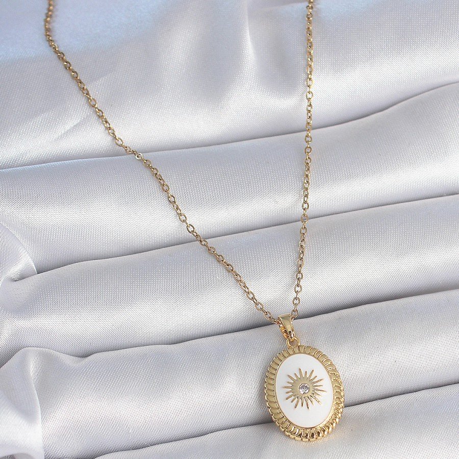 316L Steel Gold Color Chain White Enameled Sun Embroidered Zircon Stone Detailed Medallion Model Women s Necklace