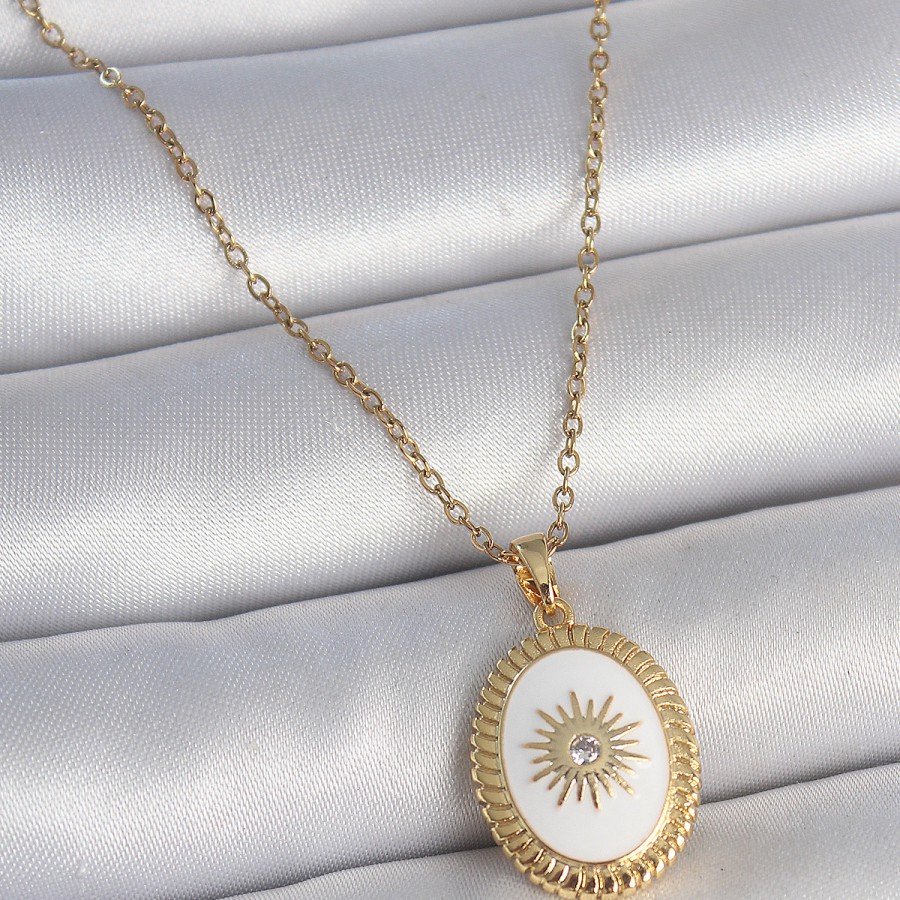 316L Steel Gold Color Chain White Enameled Sun Embroidered Zircon Stone Detailed Medallion Model Women s Necklace