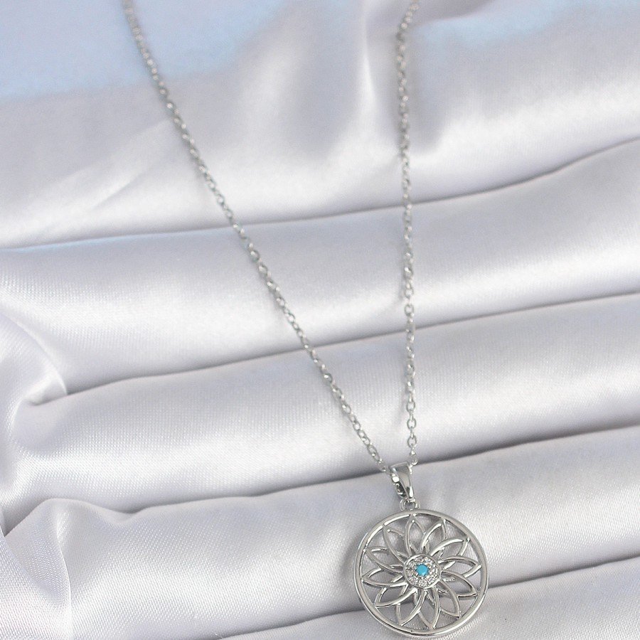 316L Steel Silver Color Chain Blue Stone Lotus Model Women s Necklace 316L Steel Silver Color Chain Blue Stone Lotus Model Women s Necklace