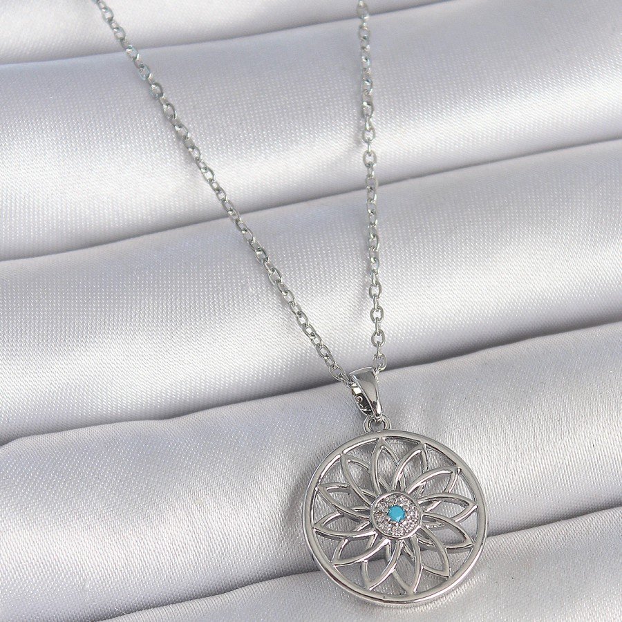 316L Steel Silver Color Chain Blue Stone Lotus Model Women s Necklace 316L Steel Silver Color Chain Blue Stone Lotus Model Women s Necklace