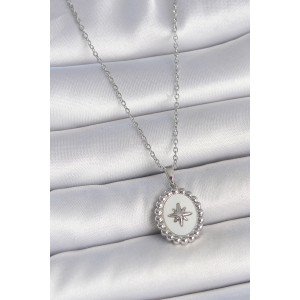 316L Steel Silver Color Chain White Enameled Pole Star Engraved Medallion Model Women's Necklace