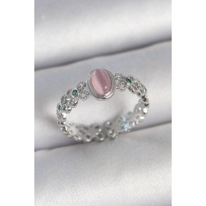 Brass Silver Color Zircon Stone Detailed Pink Enamel Drop Model Adjustable Women's Ring