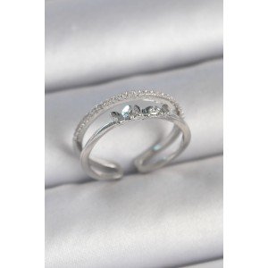 Brass Silver Color 2-Piece Zircon Stone Detailed Butterfly Figure Adjustable Model Women's Ring Brass Silver Color 2-Piece Zircon Stone Detailed Butterfly Figure Adjustable Model Women's Ring