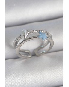 Brass Silver Color 2-Piece Zircon Stone Blue Star Figure Adjustable Women's Ring