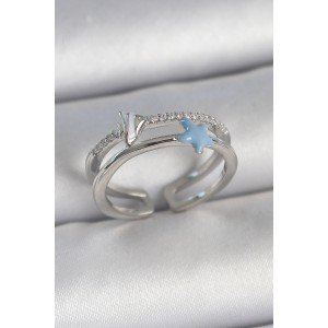 Brass Silver Color 2-Piece Zircon Stone Blue Star Figure Adjustable Women's Ring Brass Silver Color 2-Piece Zircon Stone Blue Star Figure Adjustable Women's Ring