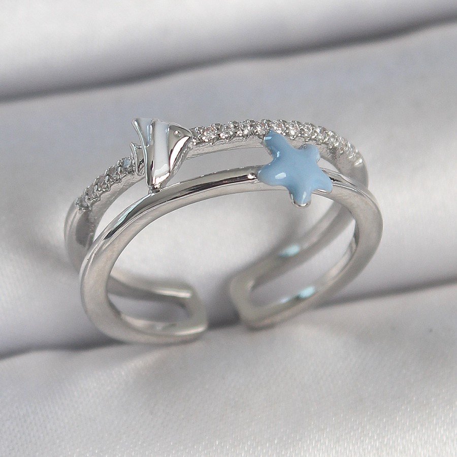 Brass Silver Color 2-Piece Zircon Stone Blue Star Figure Adjustable Women s Ring