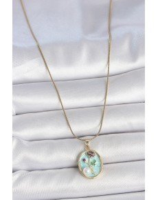 316L Steel Gold Color Chain Blue Flower Embroidered Pearl Detail Portrait Model Women's Necklace