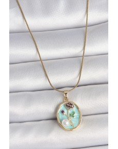 316L Steel Gold Color Chain Blue Flower Embroidered Pearl Detail Portrait Model Women's Necklace