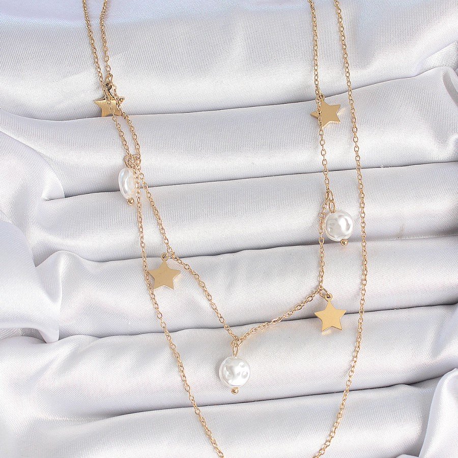 316L Steel Gold Color 2-Piece Chain Hanging Star Pearl Model Women s Necklace