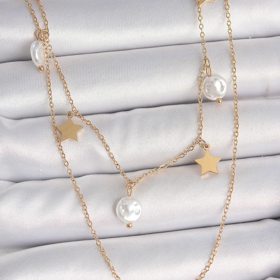316L Steel Gold Color 2-Piece Chain Hanging Star Pearl Model Women s Necklace