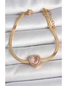 316L Steel Gold Color Italian Chain Pink Zircon Stone Heart Model Women's Bracelet