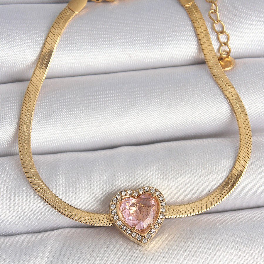 316L Steel Gold Color Italian Chain Pink Zircon Stone Heart Model Women s Bracelet 316L Steel Gold Color Italian Chain Pink Zircon Stone Heart Model Women s Bracelet