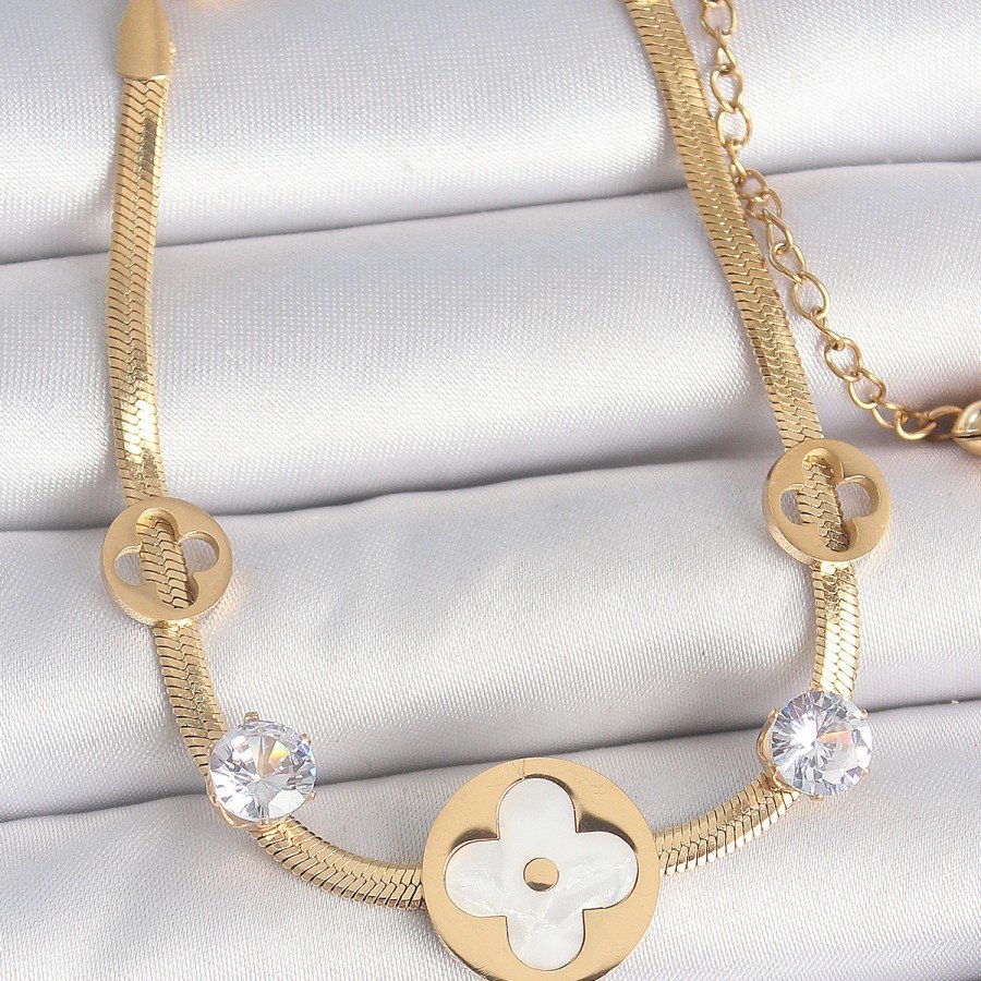 316L Steel Gold Color Italian Chain White Enameled Clover Model Zircon Stone Detailed Women s Bracelet