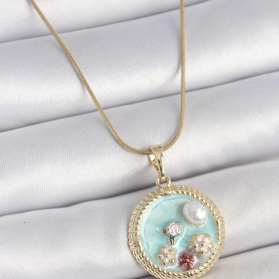 316L Steel Gold Color Chain Blue Enameled Pearl Flower Embroidered Zircon Stone Detailed Medallion Model Women s Necklace 316L Steel Gold Color Chain Blue Enameled Pearl Flower Embroidered Zircon Stone Detailed Medallion Model Women s Necklace