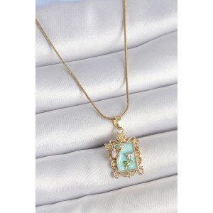 316L Steel Gold Color Chain Blue Enameled Flower Embroidered Zircon Stone Butterfly Detail Portrait Model Women's Necklace