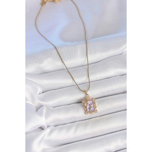 316L Steel Gold Color Chain Purple Enamel Flower Embroidered Zircon Stone Butterfly Detail Portrait Model Women's Necklace 316L Steel Gold Color Chain Purple Enamel Flower Embroidered Zircon Stone Butterfly Detail Portrait Model Women's Necklace