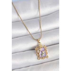 316L Steel Gold Color Chain Purple Enamel Flower Embroidered Zircon Stone Butterfly Detail Portrait Model Women's Necklace