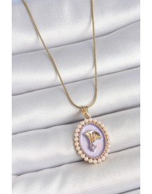 316L Steel Gold Color Chain Purple Enameled Pearl Zircon Stone Flower Embroidered Portrait Model Women's Necklace