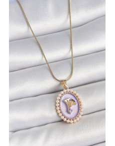 316L Steel Gold Color Chain Purple Enameled Pearl Zircon Stone Flower Embroidered Portrait Model Women's Necklace