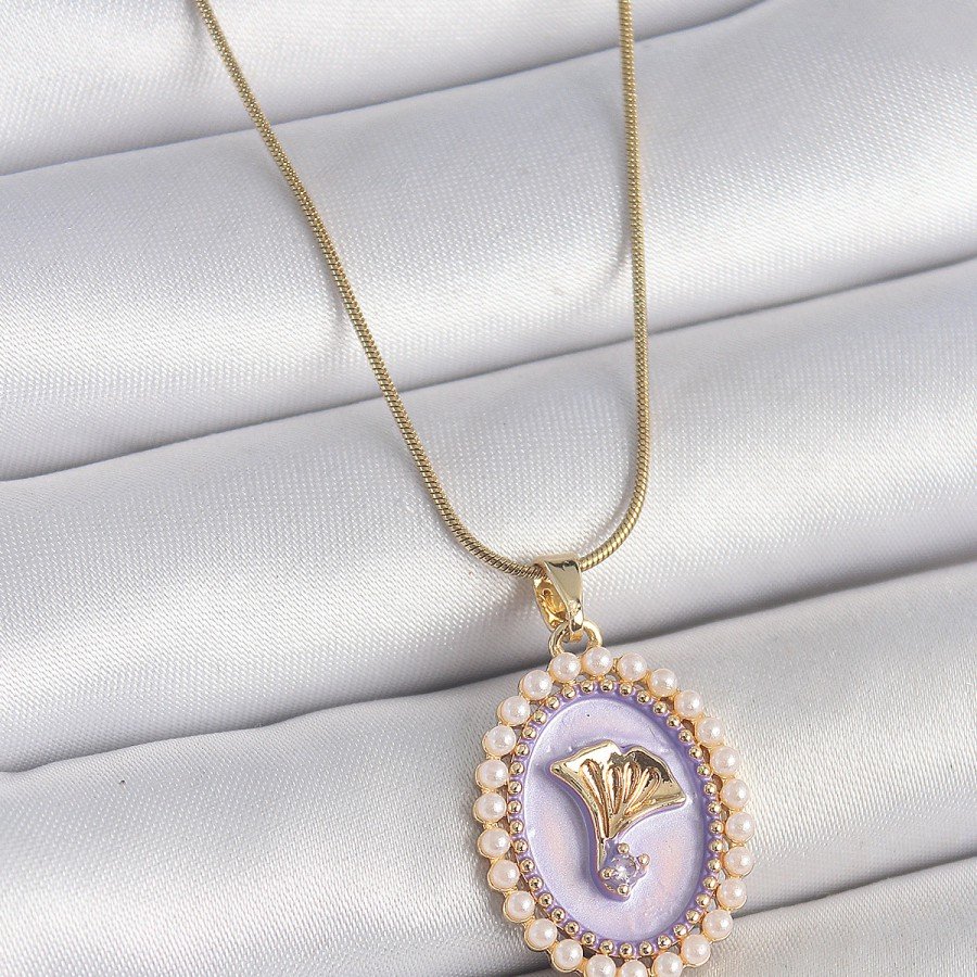 316L Steel Gold Color Chain Purple Enameled Pearl Zircon Stone Flower Embroidered Portrait Model Women s Necklace