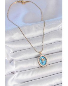 316L Steel Gold Color Chain Blue Enameled Pearl Zircon Stone Flower Embroidered Portrait Model Women's Necklace