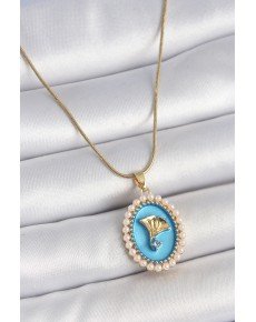 316L Steel Gold Color Chain Blue Enameled Pearl Zircon Stone Flower Embroidered Portrait Model Women's Necklace