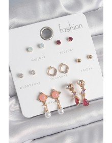 Brass Gold Color Zircon Stone Dangle Pearl Detail 7 Pair Women's Earrings