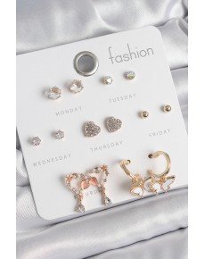Brass Gold Color Zircon Stone Dangle Heart Figure Butterfly Detail 7 Pair Women's Earring Set