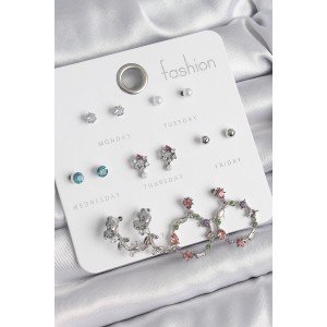 Brass Silver Color Zircon Stone Rose Figure Ring Model 7 Pairs Women's Earring Set