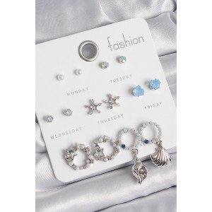 Brass Silver Color Pearl Zircon Stone Hoop Figure Star Detail 7 Pair Women's Earring Set