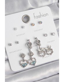 Brass Silver Color Dangle Zircon Stone Heart Model Knot Detail 7 Pair Women's Earring Set