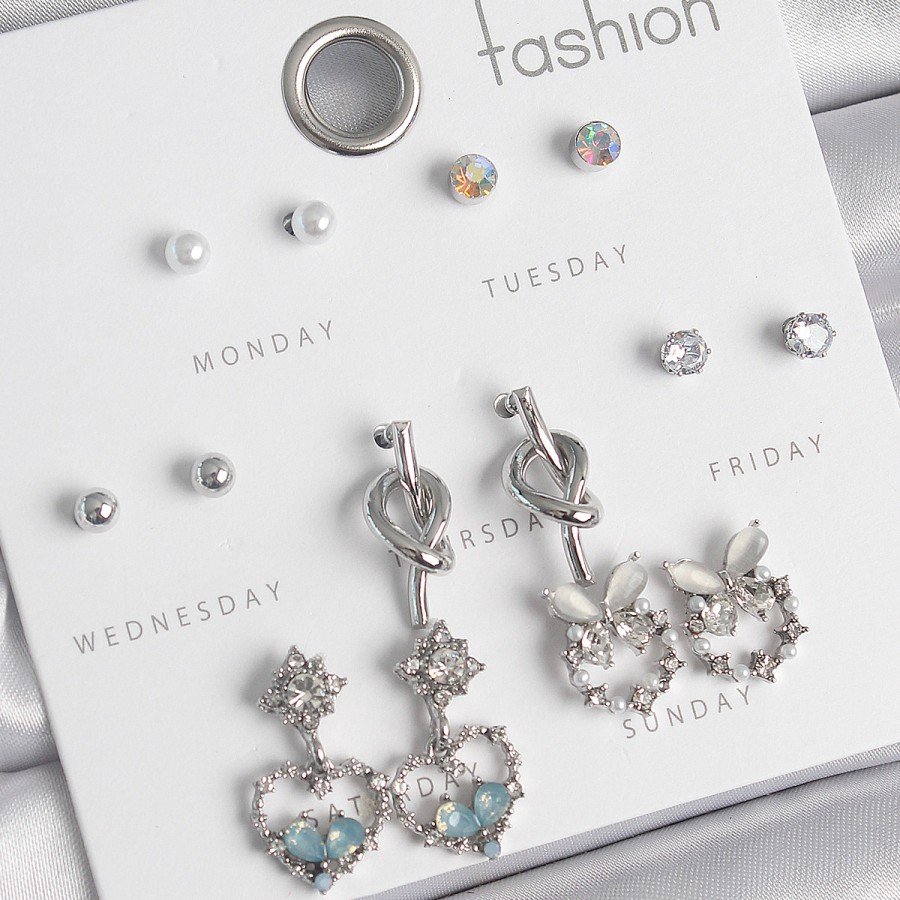 Brass Silver Color Dangle Zircon Stone Heart Model Knot Detail 7 Pair Women s Earring Set