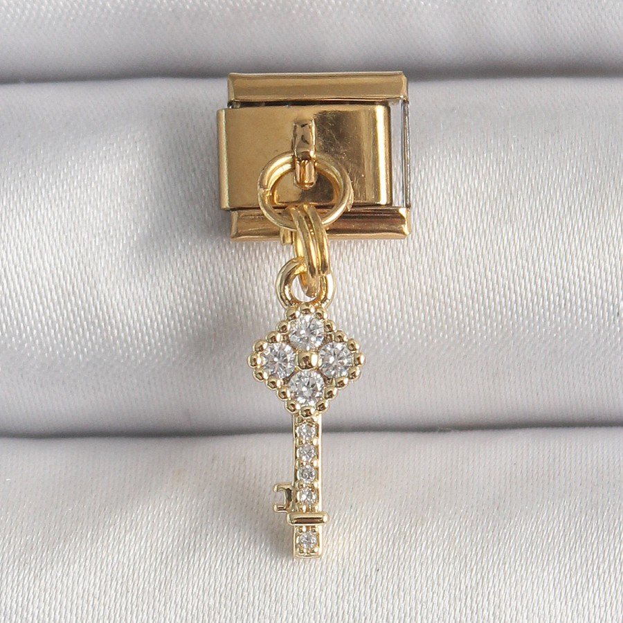 316L Steel Gold Color Dangle Zircon Stone Key Model Nomination Charm