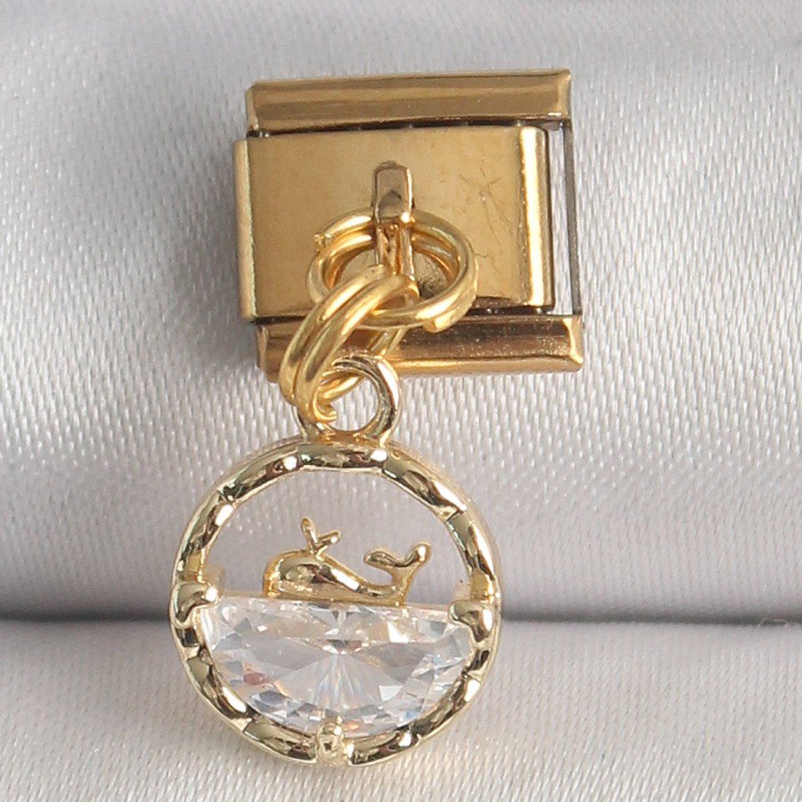 316L Steel Gold Color Dangle Zircon Stone Whale Model Nomination Charm