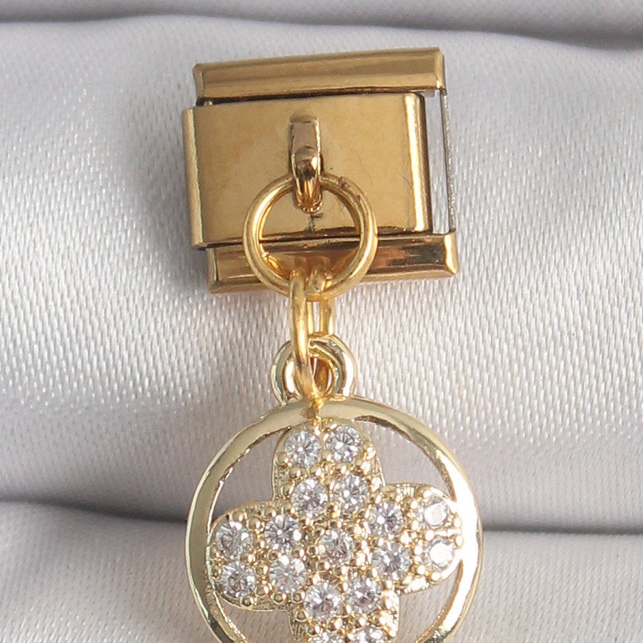 316L Steel Gold Color Dangle Zircon Stone Clover Model Nomination Charm