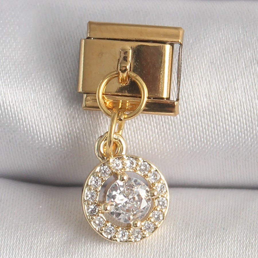 316L Steel Gold Color Dangle Circle Zircon Stone Nomination Charm