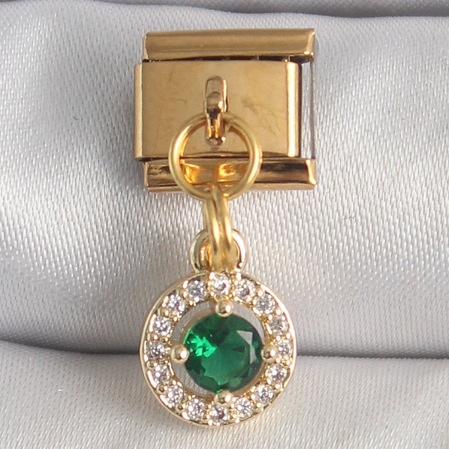 316L Steel Gold Color Dangle Green Zircon Stone Nomination Charm