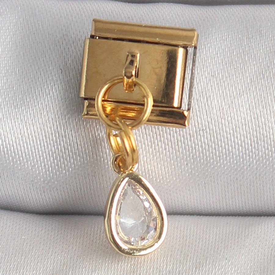 316L Steel Gold Color Dangle Drop Zircon Stone Nomination Charm