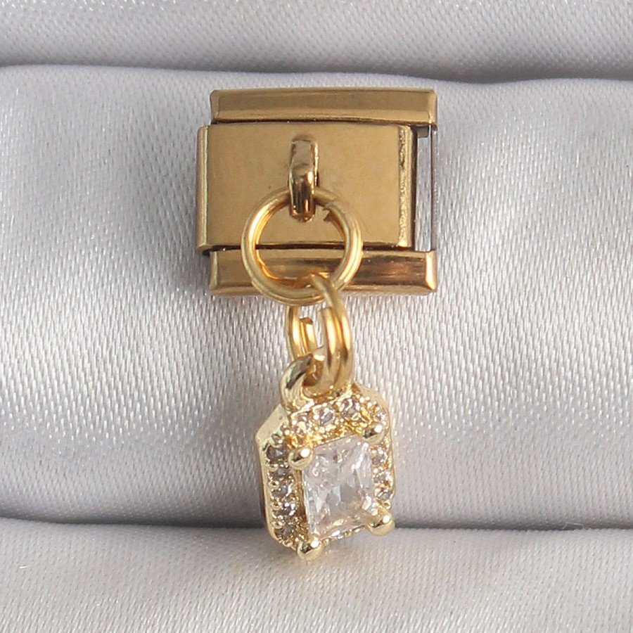 316L Steel Gold Color Dangle Zircon Stone Square Model Nomination Charm