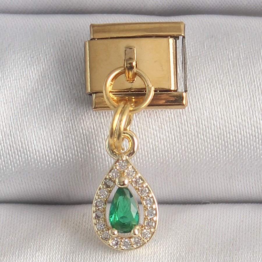316L Steel Gold Color Dangle Drop Green Zircon Stone Nomination Charm