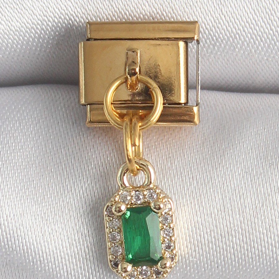 316L Steel Gold Color Dangle Square Green Zircon Stone Nomination Charm 316L Steel Gold Color Dangle Square Green Zircon Stone Nomination Charm