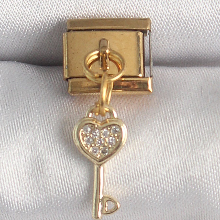 316L Steel Gold Color Dangle Zircon Stone Heart Key Model Nomination Charm