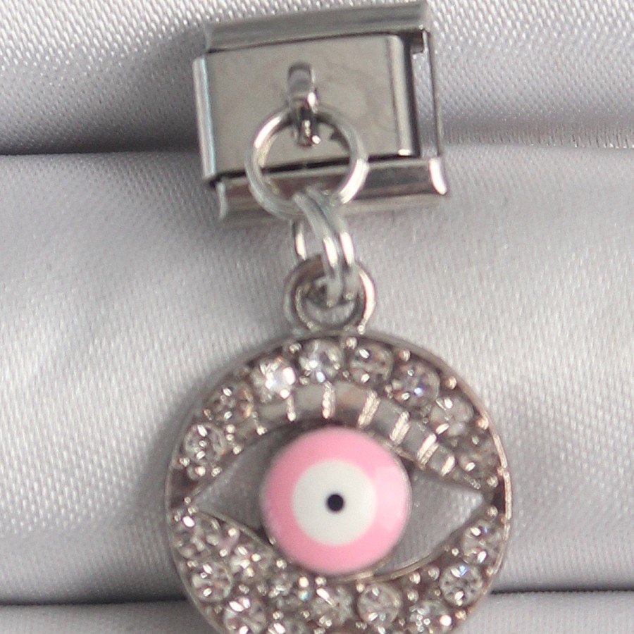 316L Steel Silver Color Dangle Zircon Stone Pink Eye Model Nomination Charm