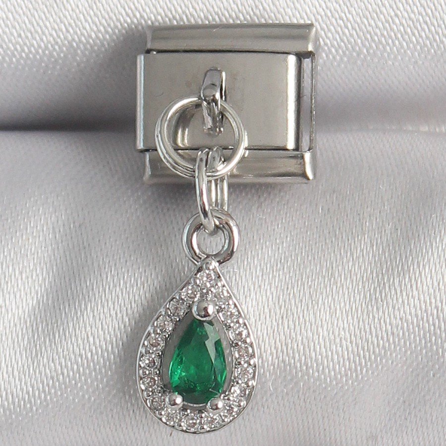316L Steel Silver Color Dangle Green Zircon Stone Drop Model Nomination Charm