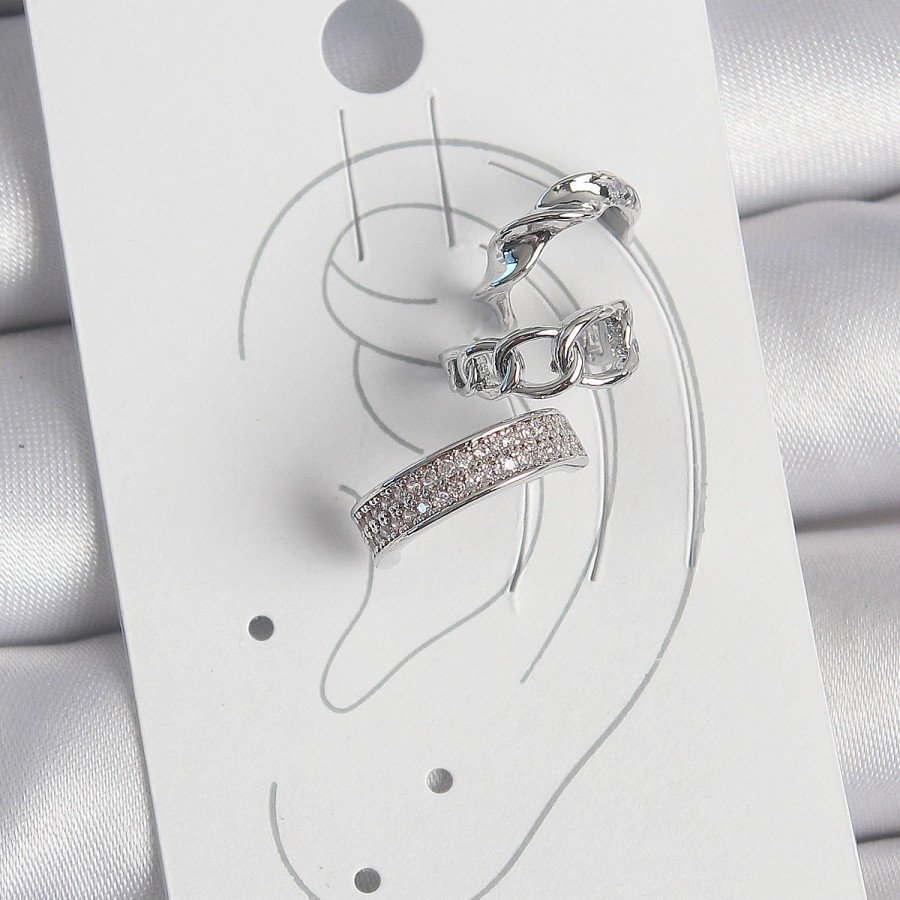Brass Silver Color Zircon Stone 3-Piece Chain Spiral Model Women s Cartilage Earrings
