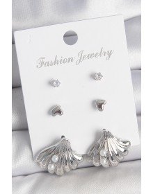 Brass Silver Color Zircon Stone Detailed Pearl Detailed Sea Shell Model 3 Pairs Women's Earrings